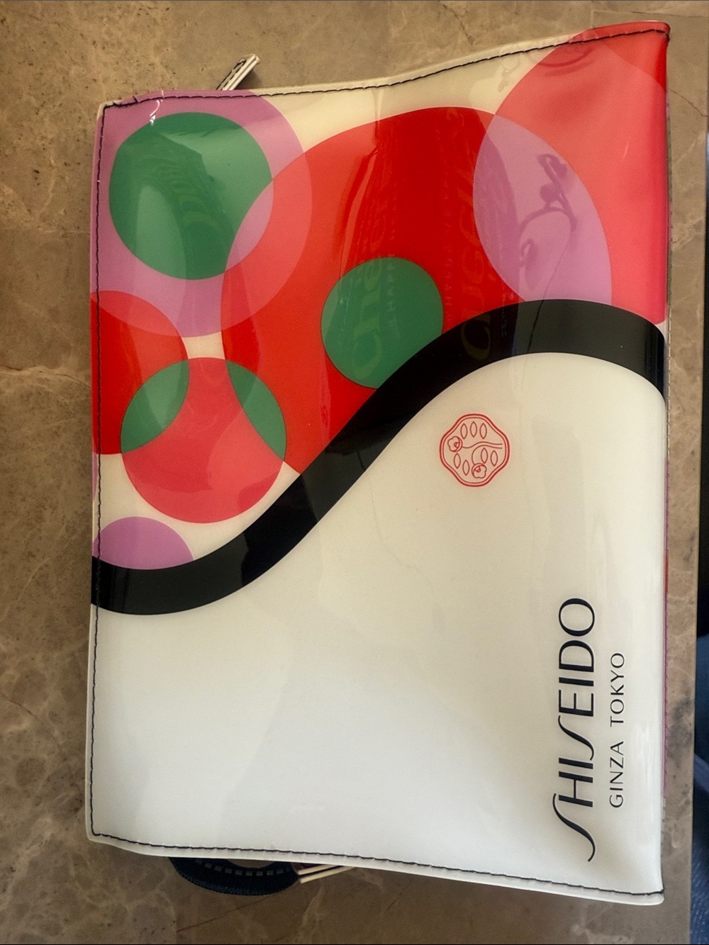Shiseido White Cosmetic Pouch with Red, Green, Pink and Black Accents